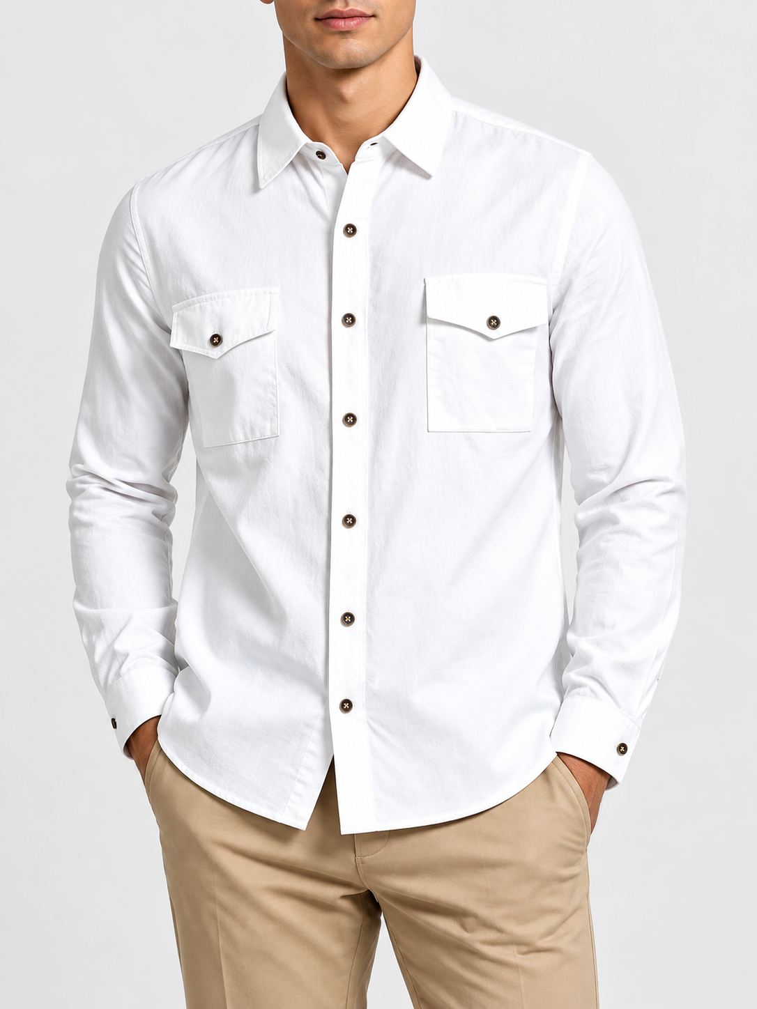 Men's Long-Sleeve Casual Shirt with Double Chest Pockets