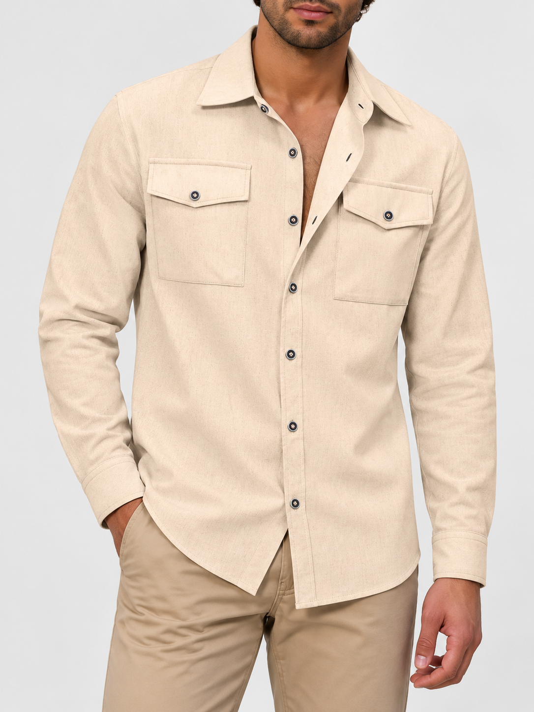 Men's Long-Sleeve Casual Shirt with Double Chest Pockets
