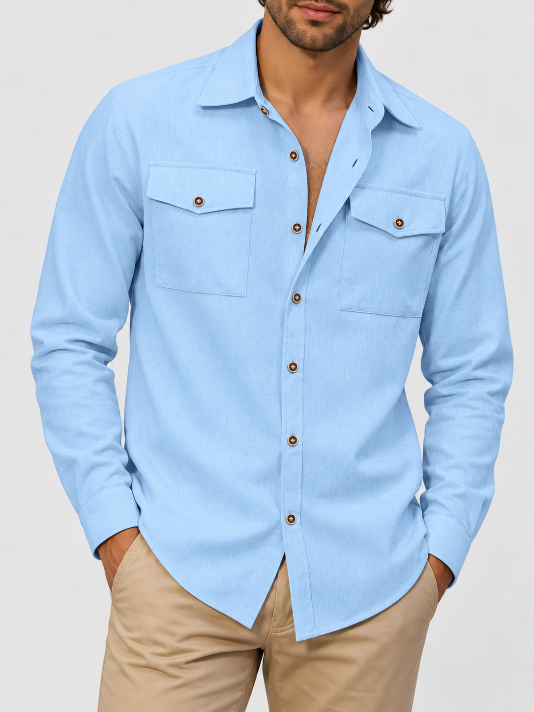 Men's Long-Sleeve Casual Shirt with Double Chest Pockets