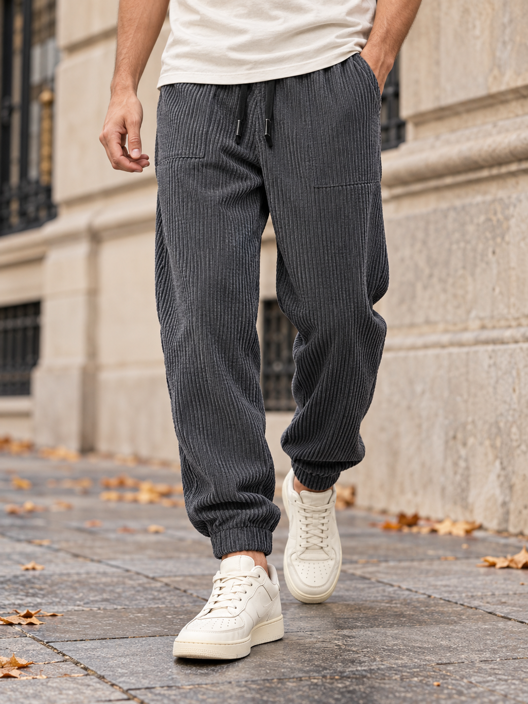 Men's Ribbed-Texture Jogger Pants with Warm Lined Interior