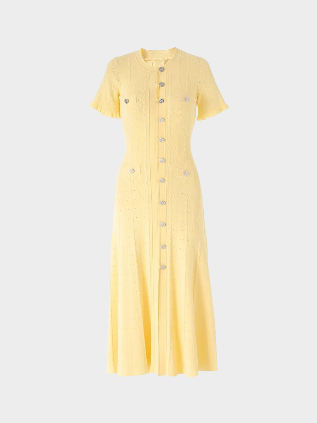 Women's Cable Knit Midi Dress with Button Front and Short Sleeves
