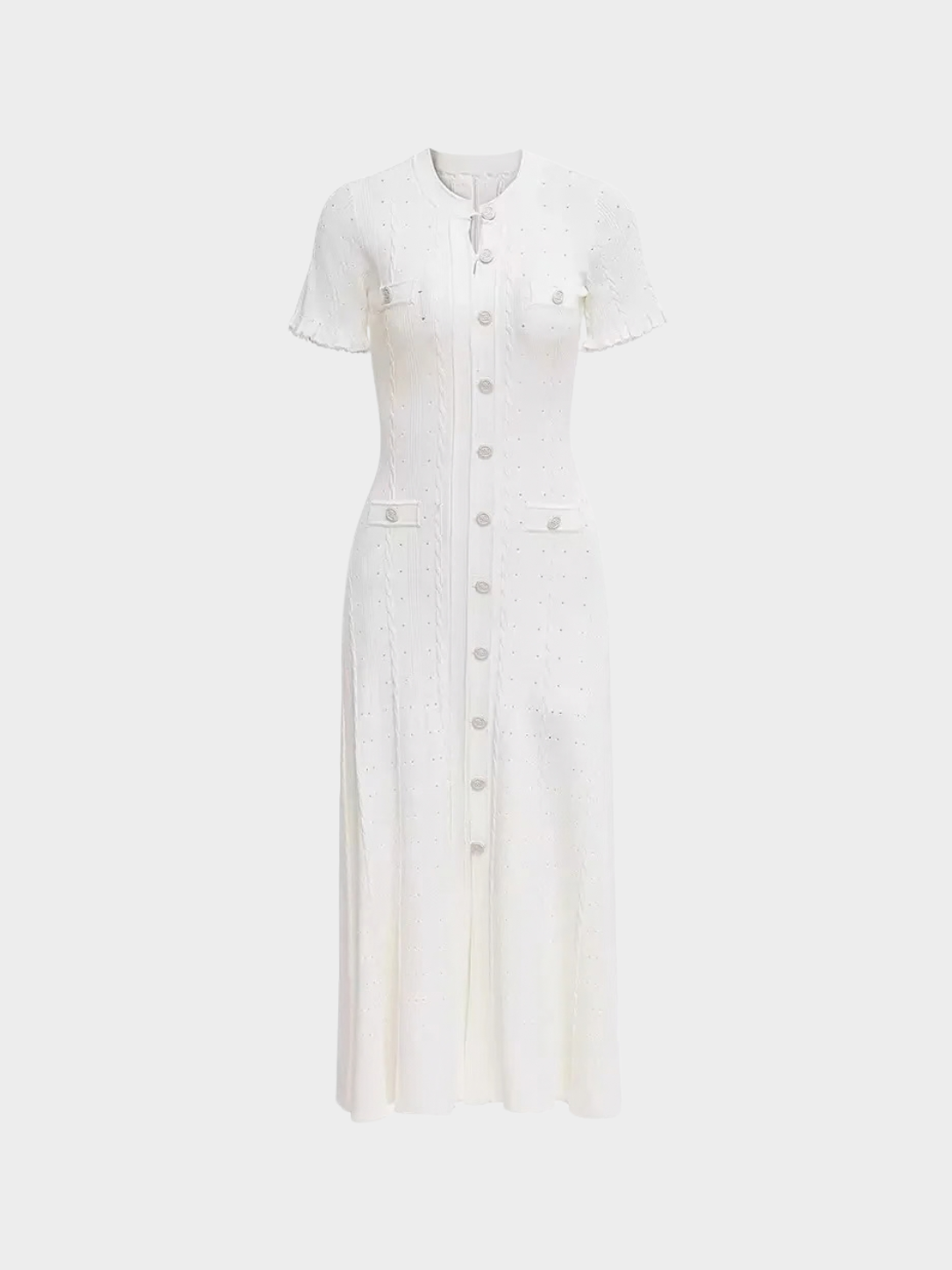 Women's Cable Knit Midi Dress with Button Front and Short Sleeves