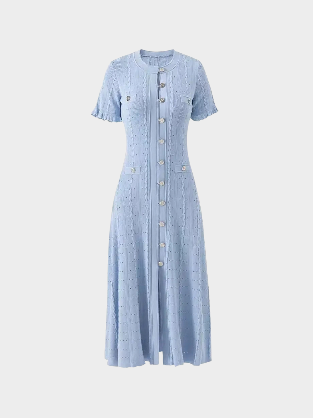 Women's Cable Knit Midi Dress with Button Front and Short Sleeves