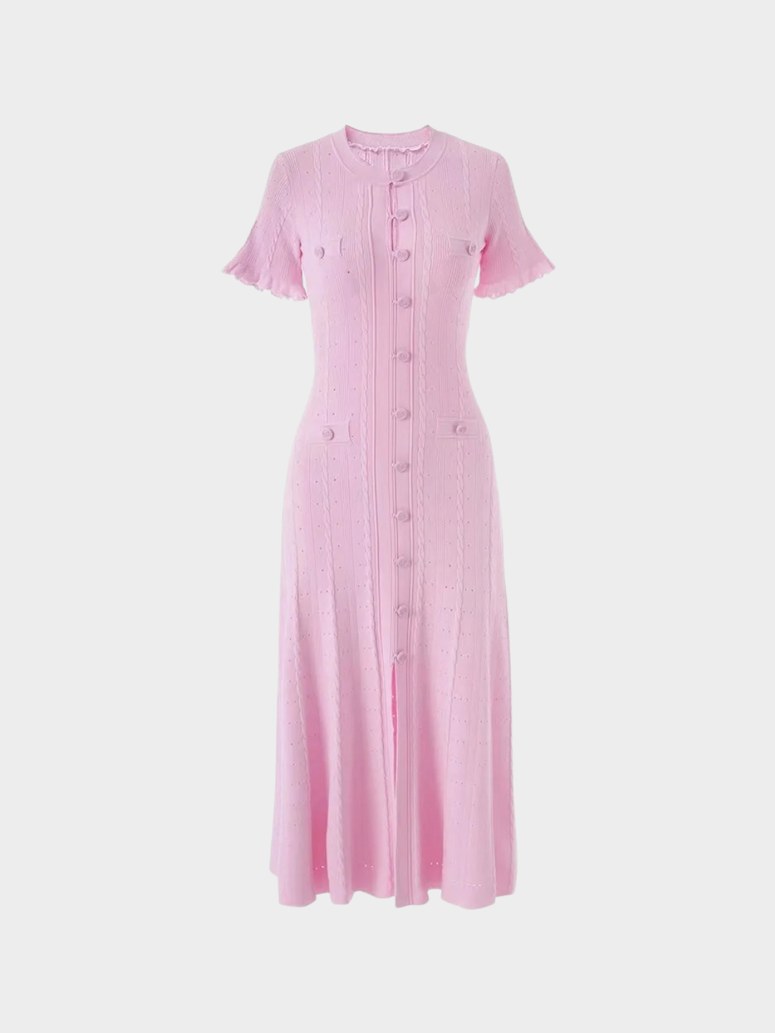 Women's Cable Knit Midi Dress with Button Front and Short Sleeves