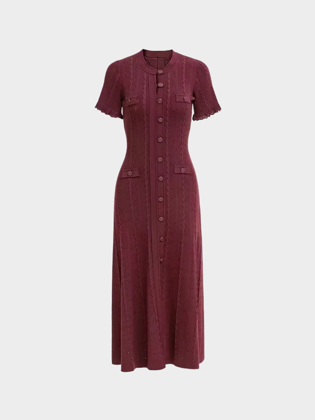 Women's Cable Knit Midi Dress with Button Front and Short Sleeves