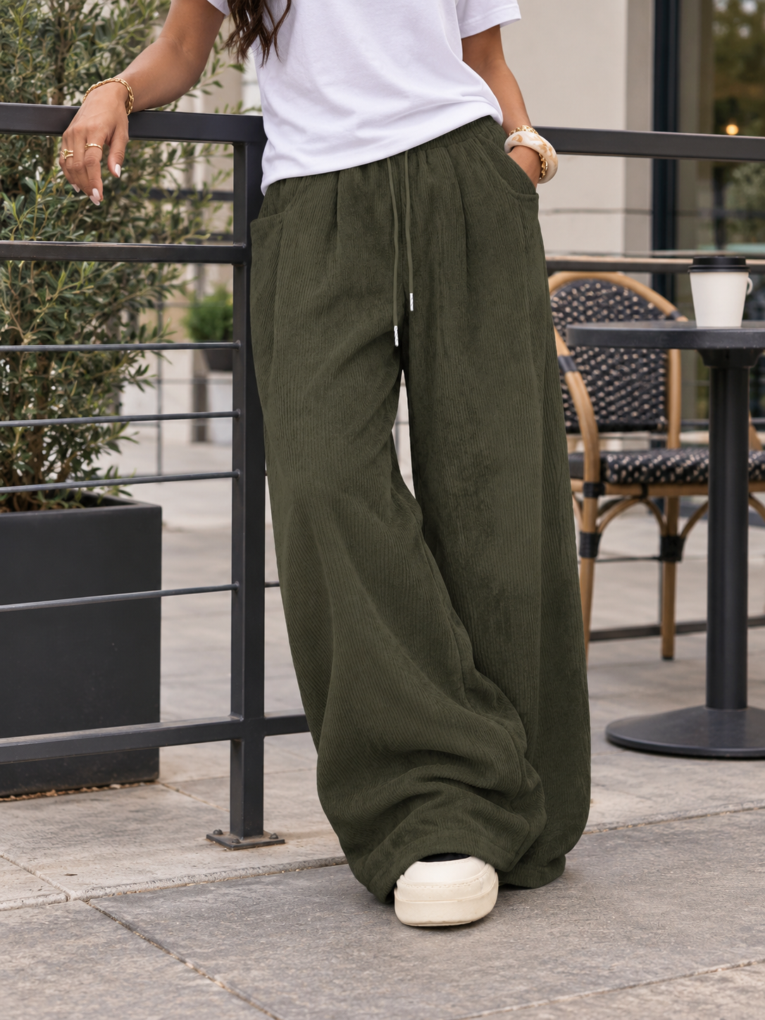 Women's Drawstring Corduroy Cargo Pants with Straight Leg