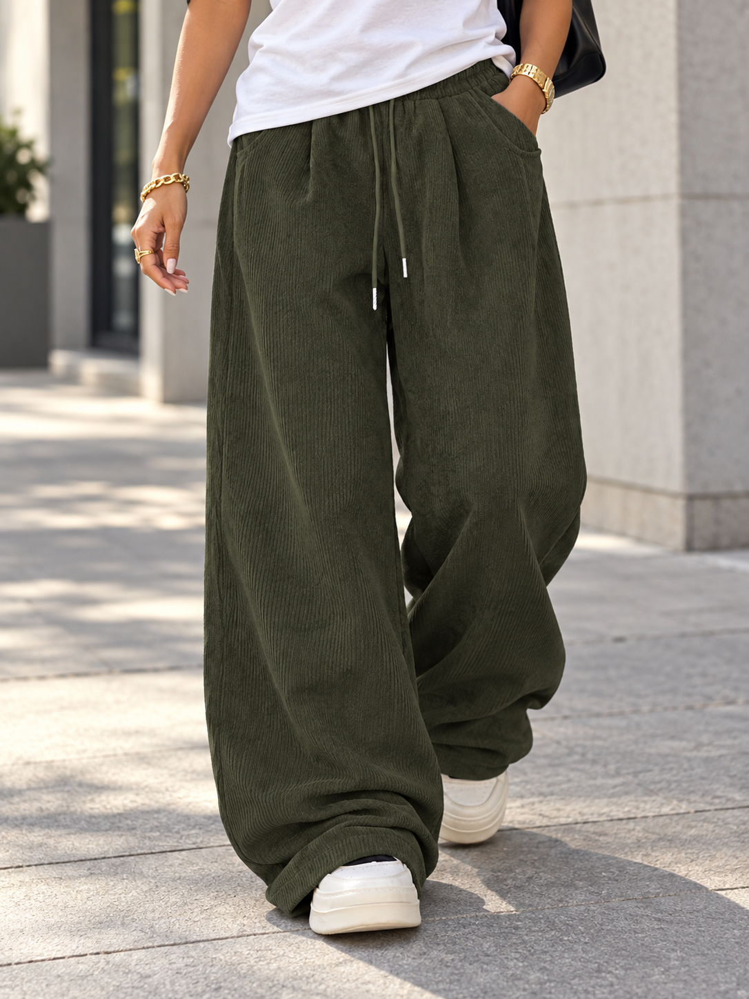 Women's Drawstring Corduroy Cargo Pants with Straight Leg