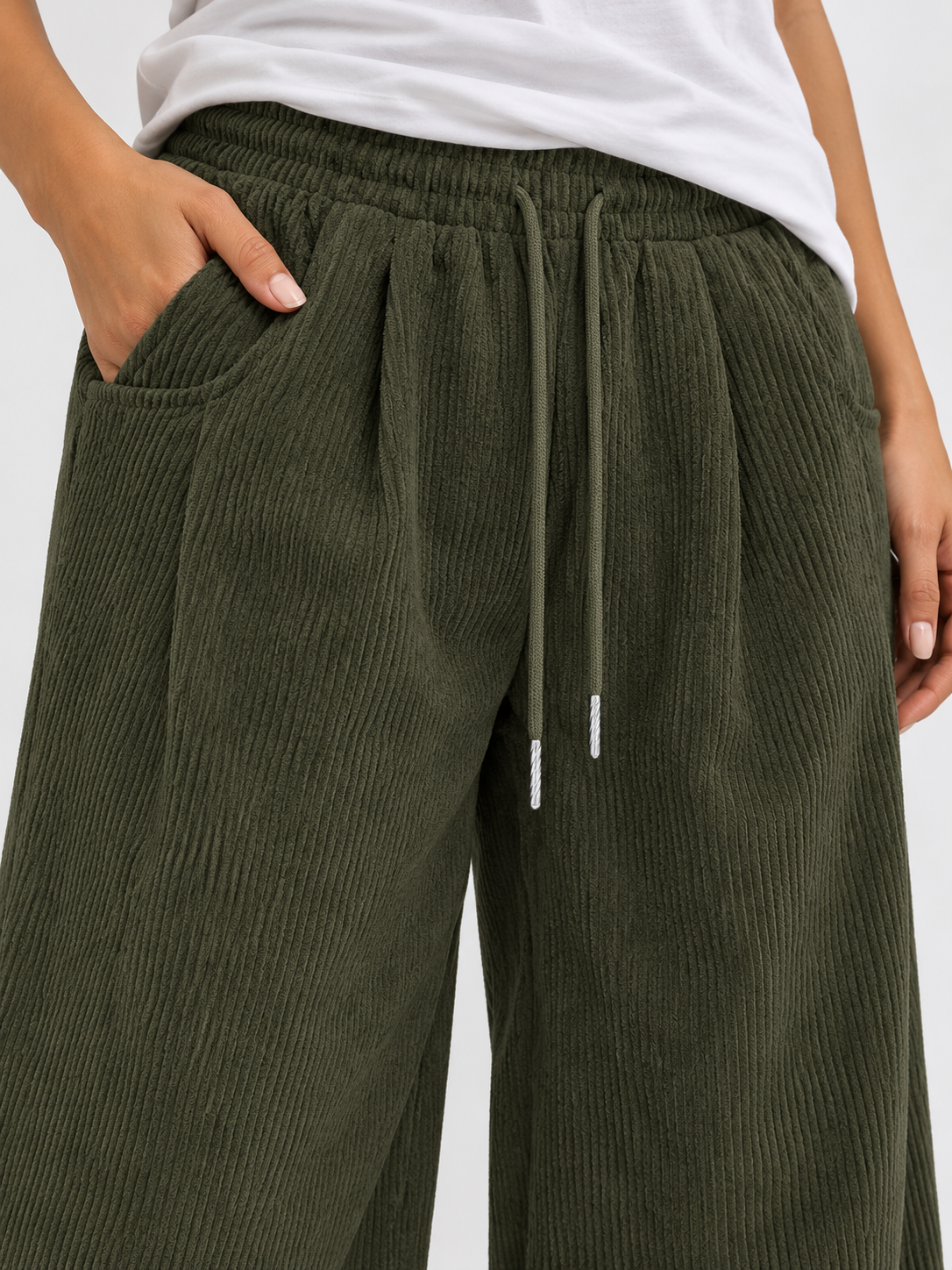 Women's Drawstring Corduroy Cargo Pants with Straight Leg