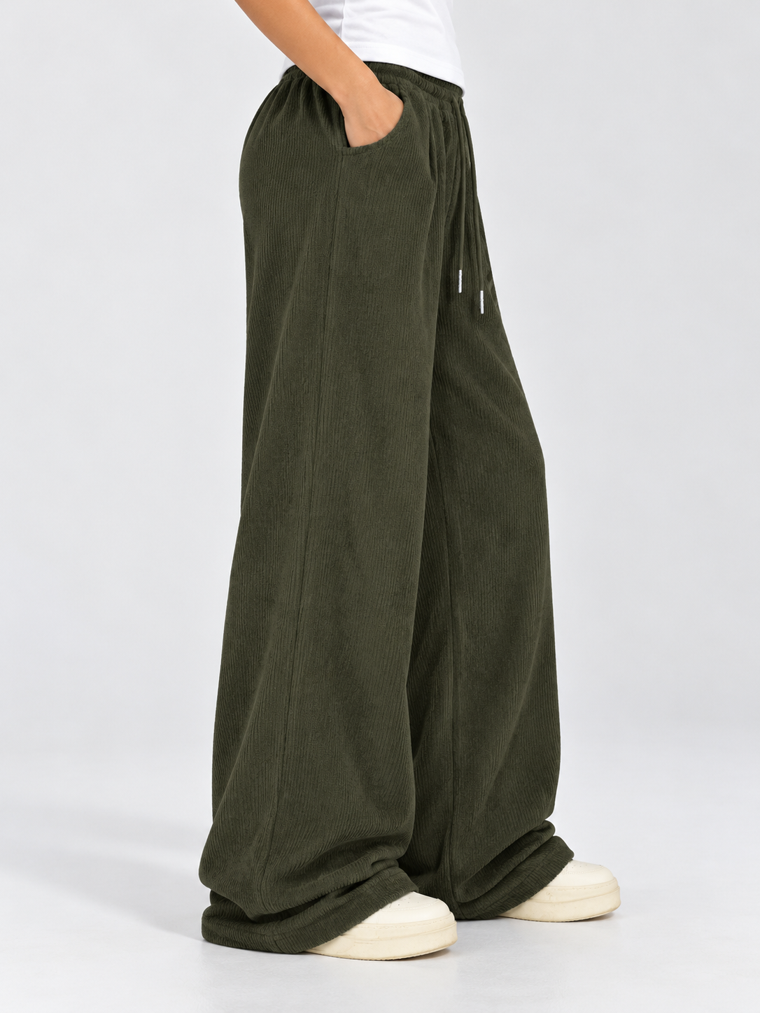 Women's Drawstring Corduroy Cargo Pants with Straight Leg