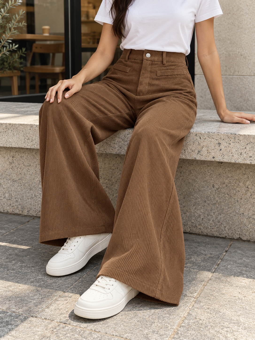 Women's Solid High-Waist Wide-Leg Corduroy Pants