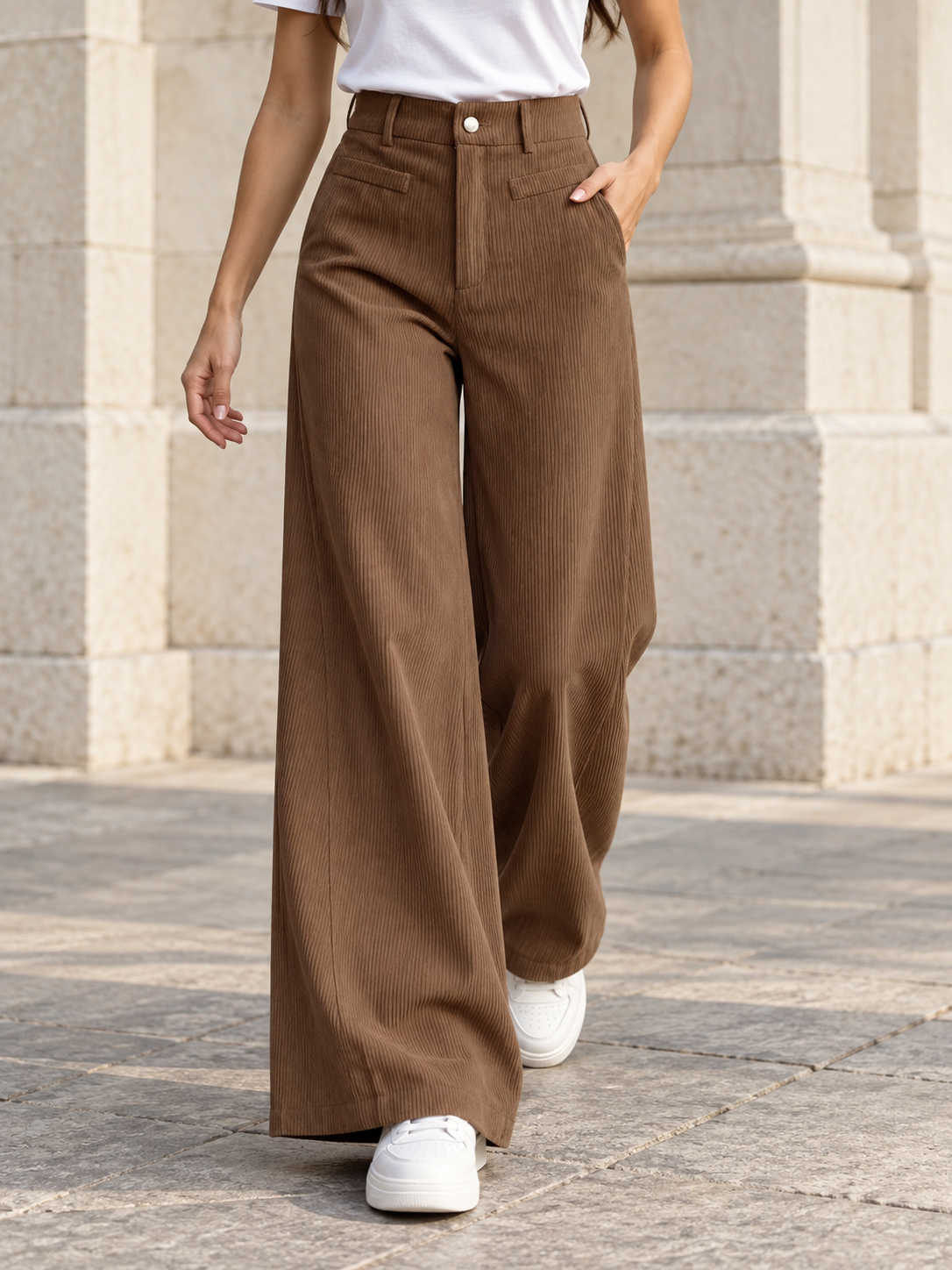 Women's Solid High-Waist Wide-Leg Corduroy Pants