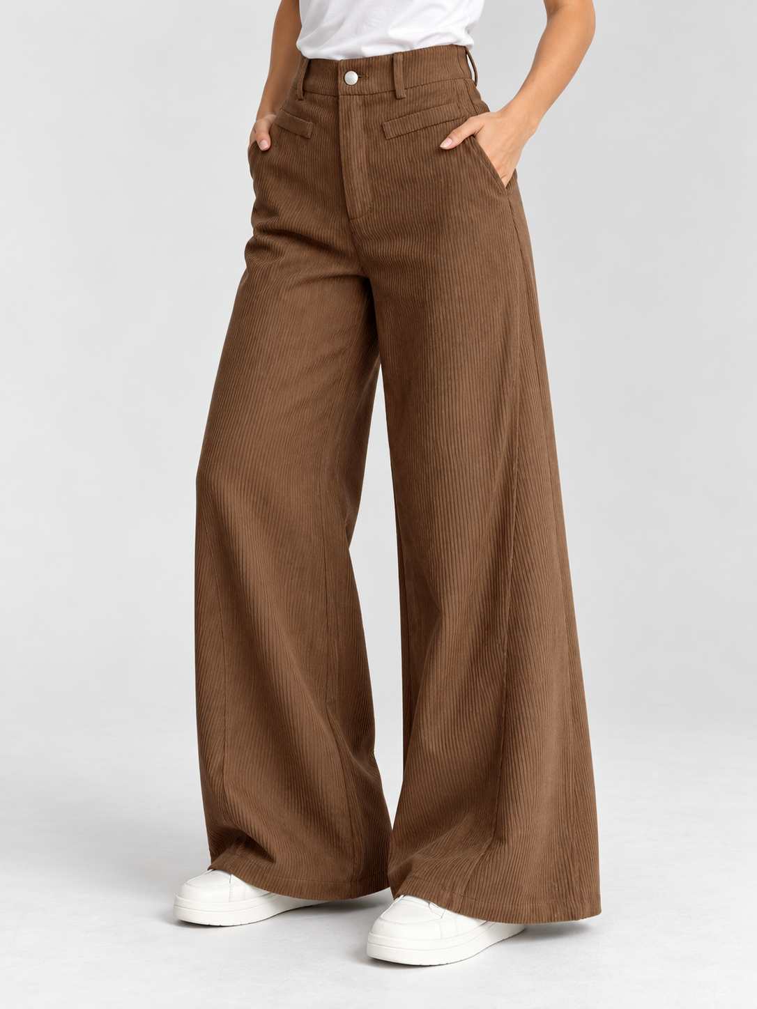 Women's Solid High-Waist Wide-Leg Corduroy Pants