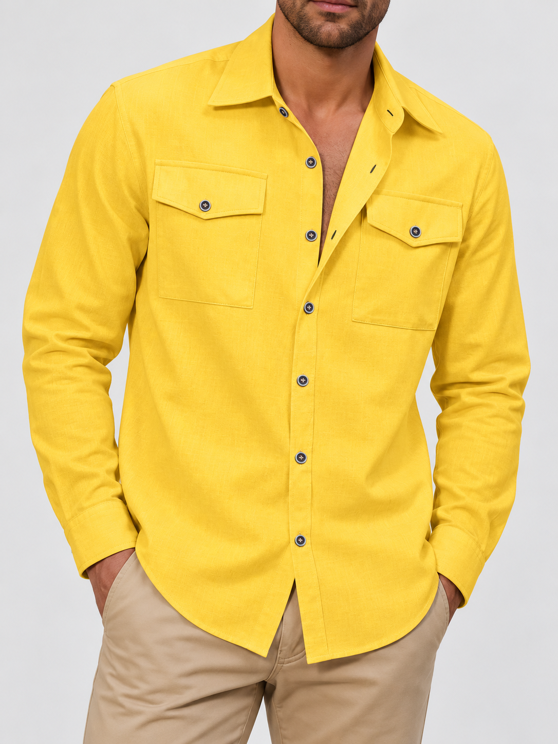 Men's Long-Sleeve Casual Shirt with Double Chest Pockets