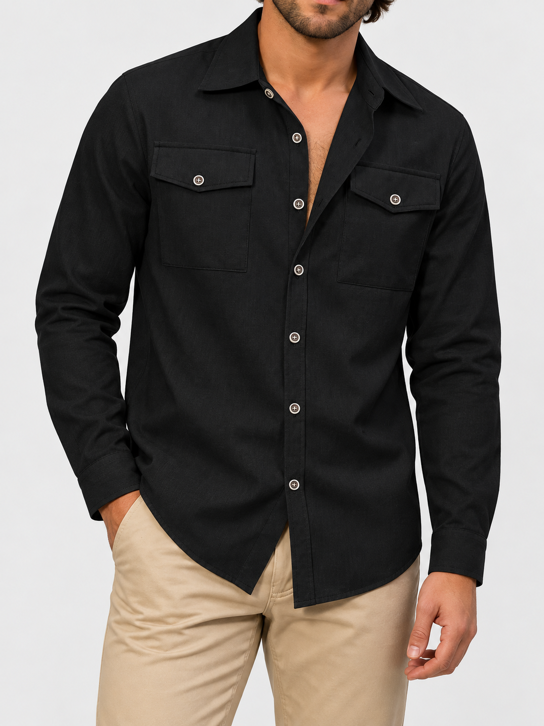 Men's Long-Sleeve Casual Shirt with Double Chest Pockets