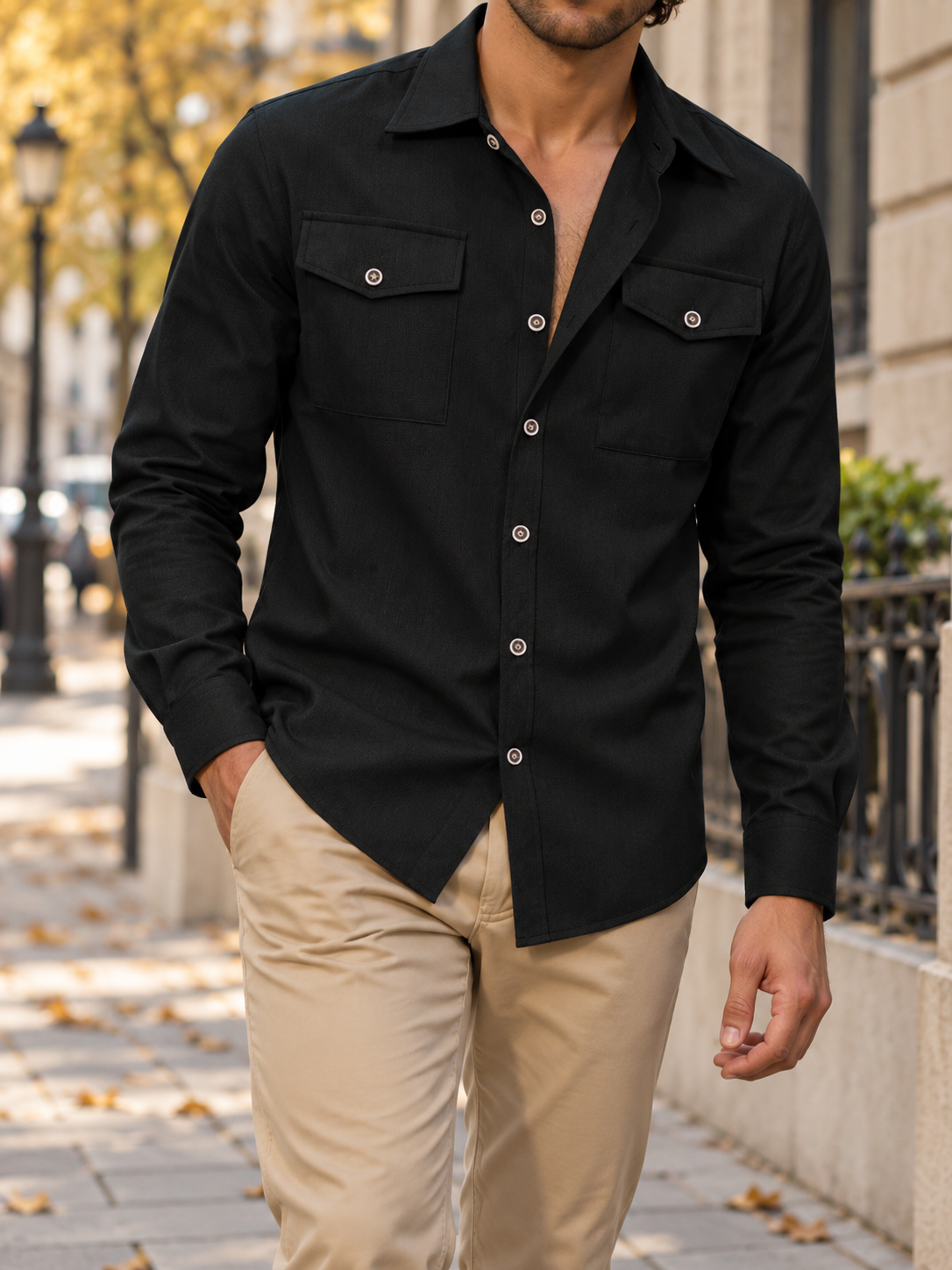 Men's Long-Sleeve Casual Shirt with Double Chest Pockets