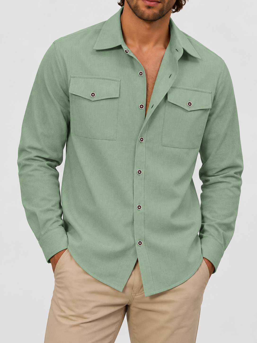 Men's Long-Sleeve Casual Shirt with Double Chest Pockets
