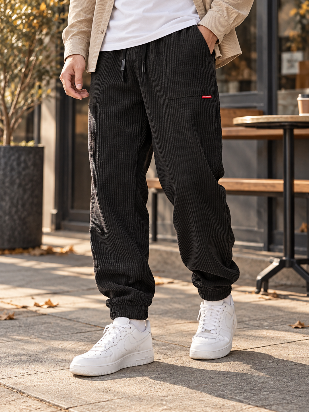 Men's Ribbed-Texture Jogger Pants with Warm Lined Interior