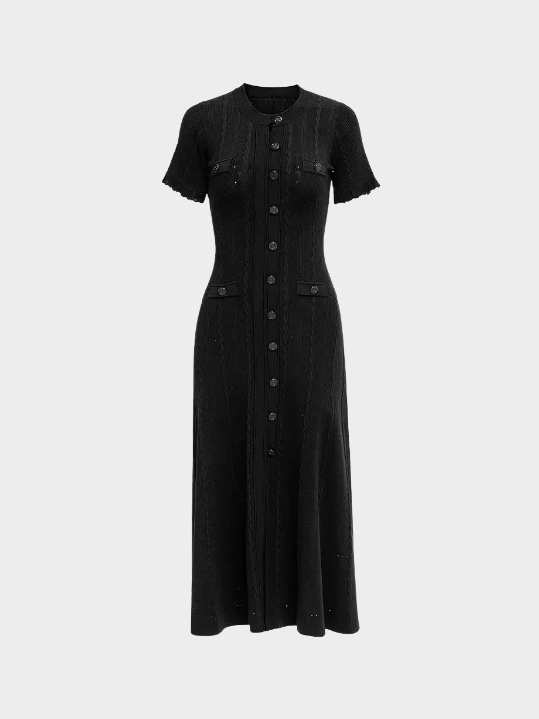 Women's Cable Knit Midi Dress with Button Front and Short Sleeves