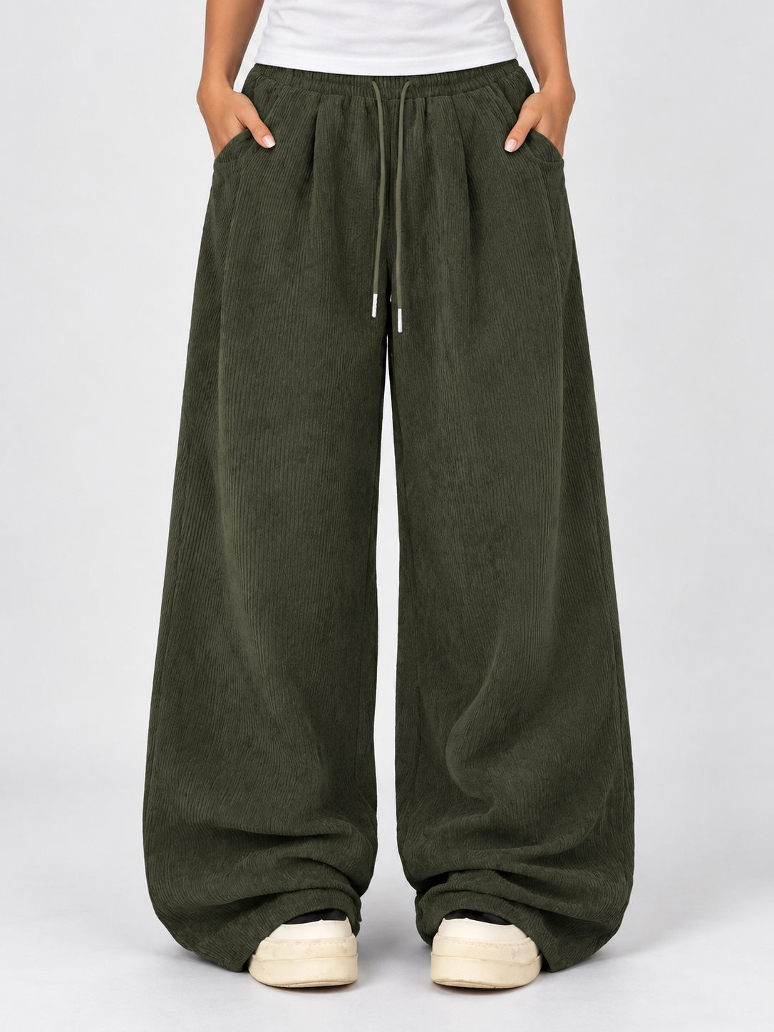 Women's Drawstring Corduroy Cargo Pants with Straight Leg