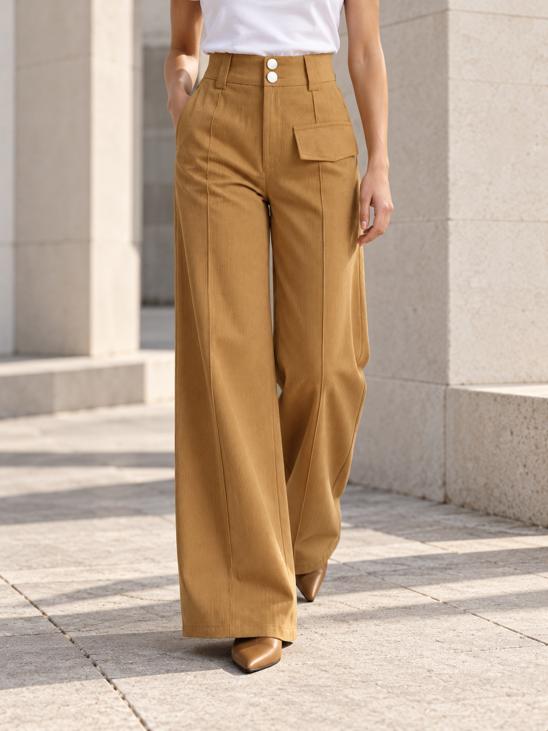 Women's High-Waist Loose-Fit Corduroy Wide-Leg Pants with Pockets