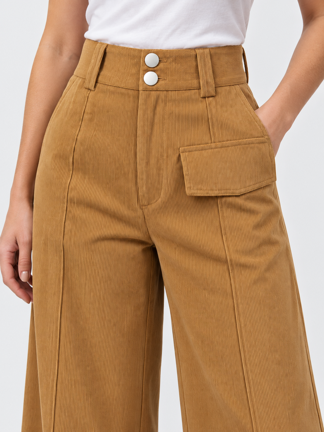 Women's High-Waist Loose-Fit Corduroy Wide-Leg Pants with Pockets