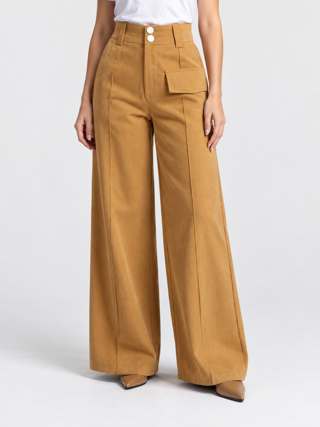 Women's High-Waist Loose-Fit Corduroy Wide-Leg Pants with Pockets