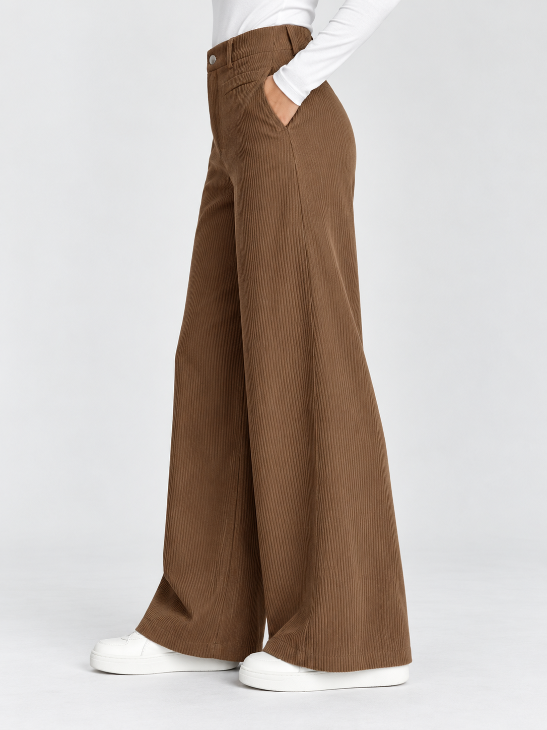 Women's Solid High-Waist Wide-Leg Corduroy Pants