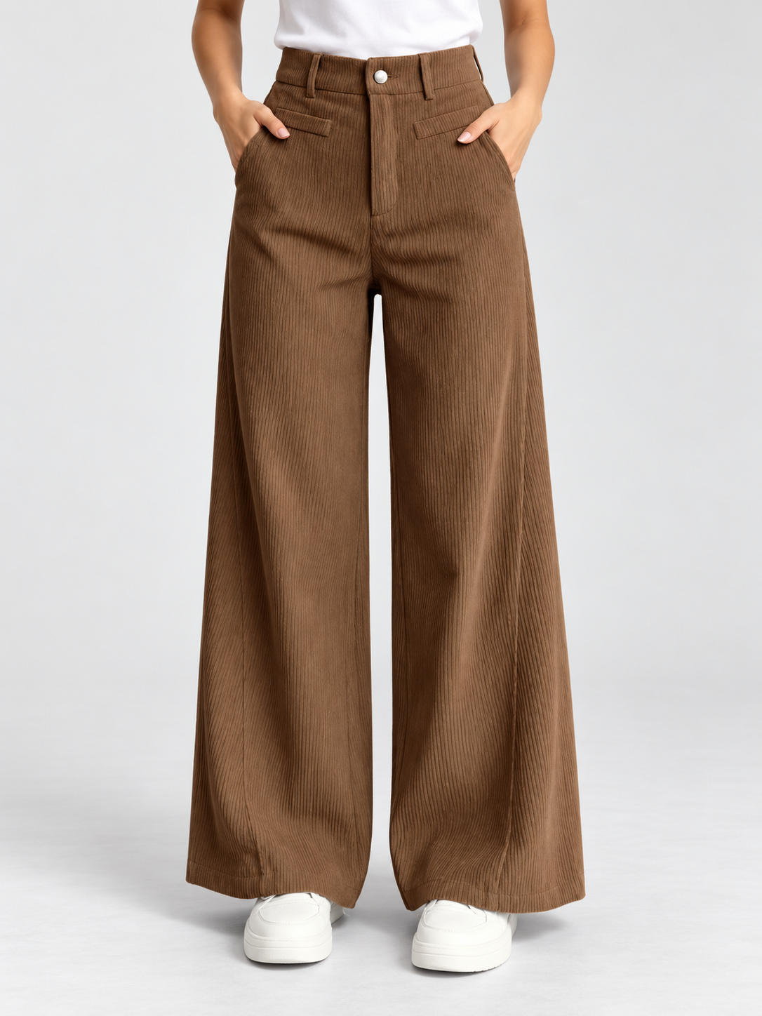 Women's Solid High-Waist Wide-Leg Corduroy Pants