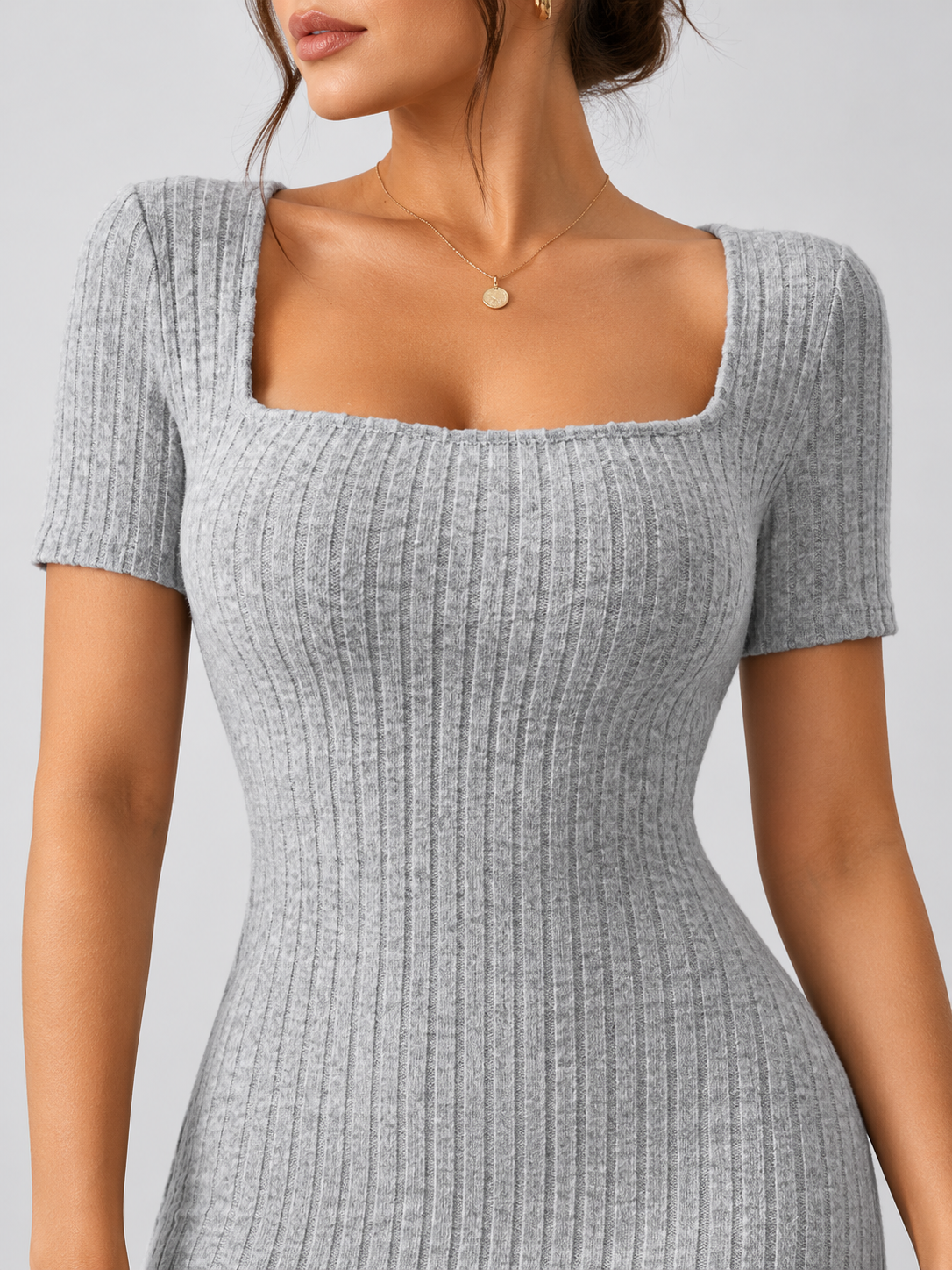 Women's Square-Neck Short-Sleeve Knit Dress with Side Slit
