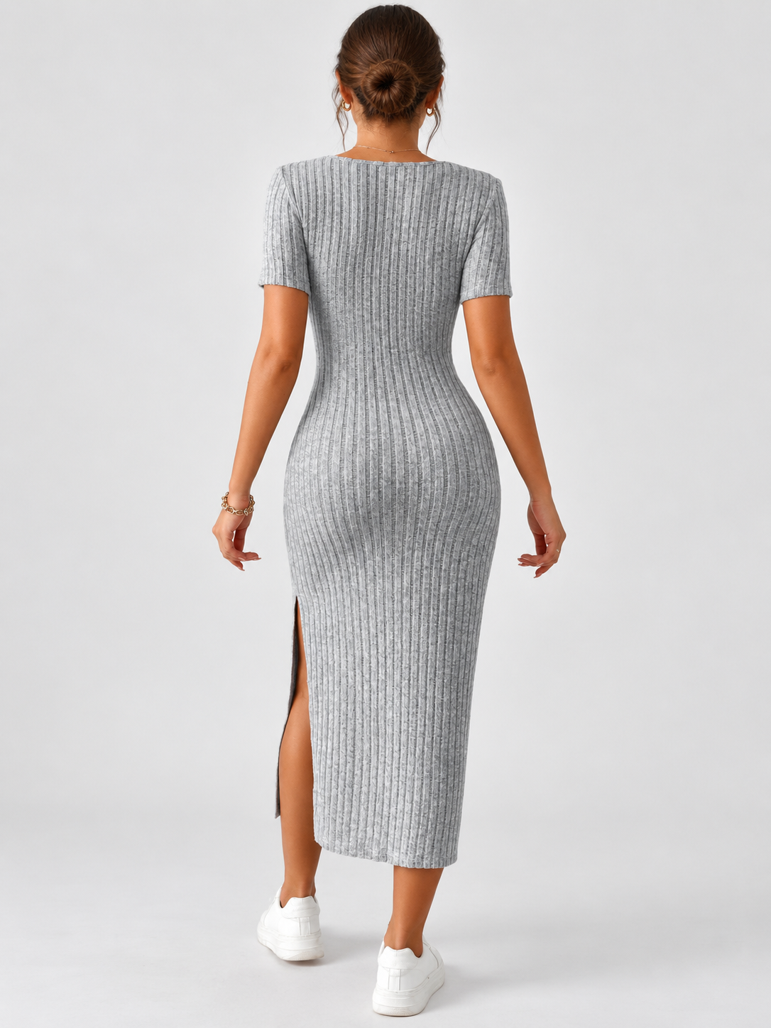 Women's Square-Neck Short-Sleeve Knit Dress with Side Slit