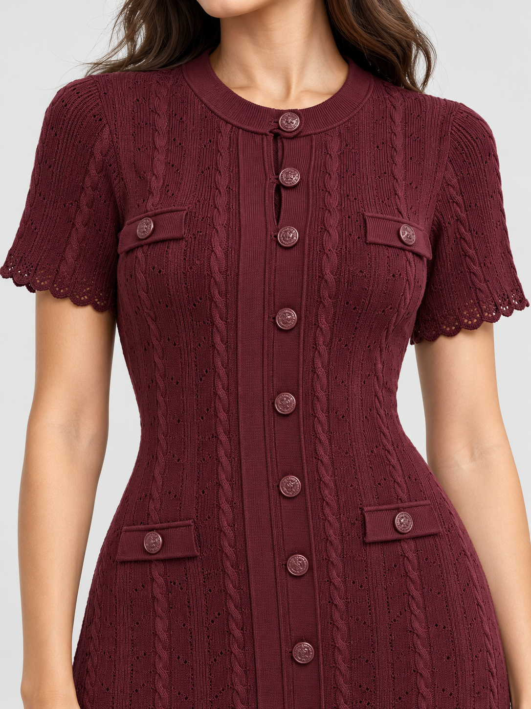 Women's Cable Knit Midi Dress with Button Front and Short Sleeves