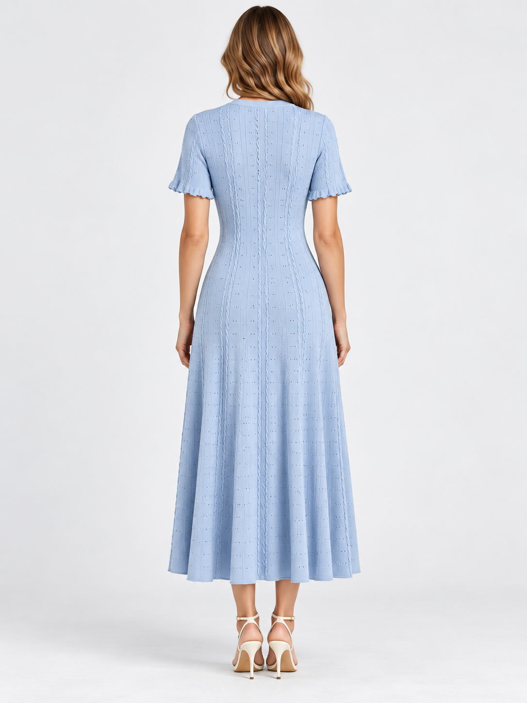 Women's Cable Knit Midi Dress with Button Front and Short Sleeves