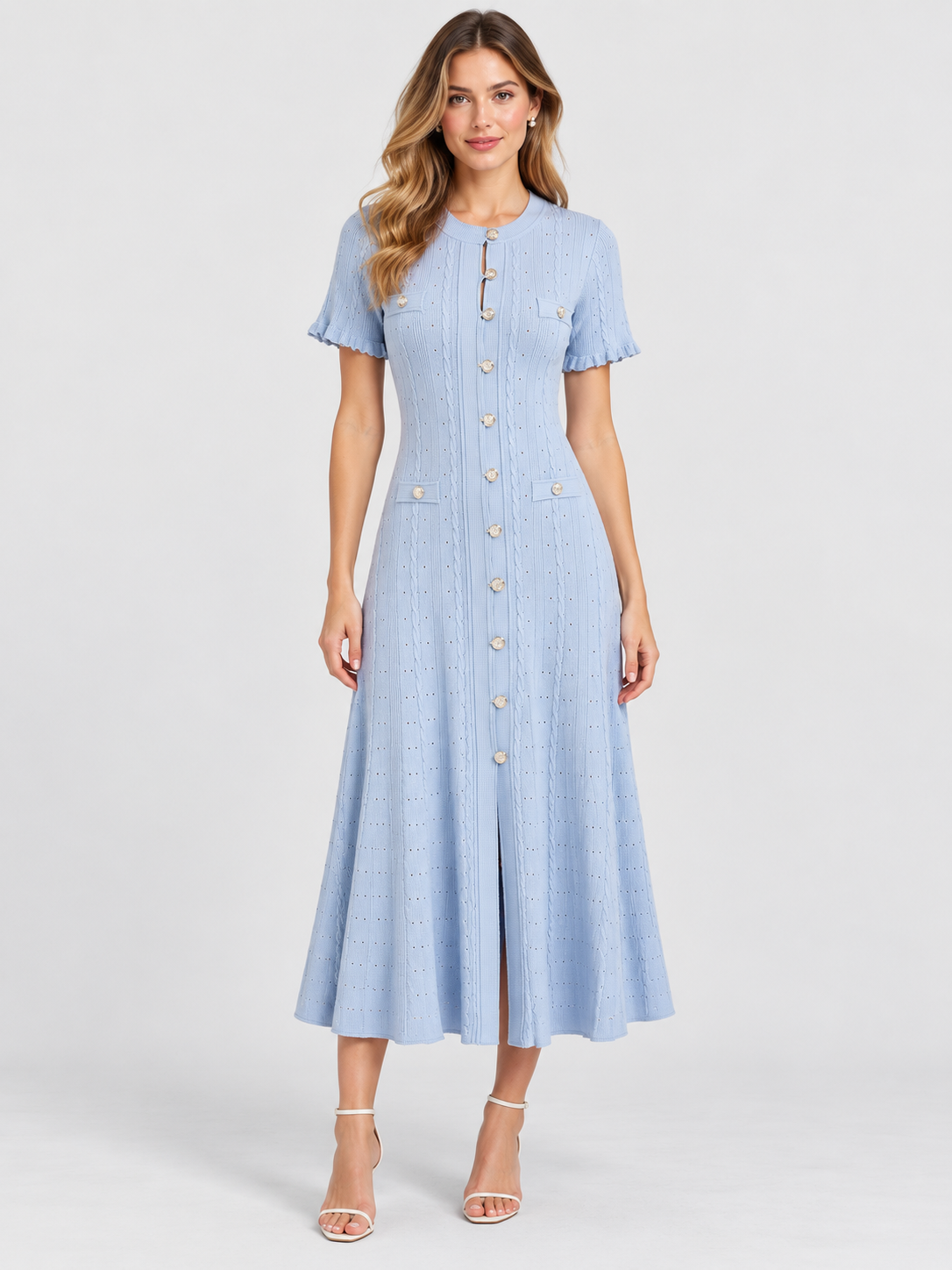 Women's Cable Knit Midi Dress with Button Front and Short Sleeves